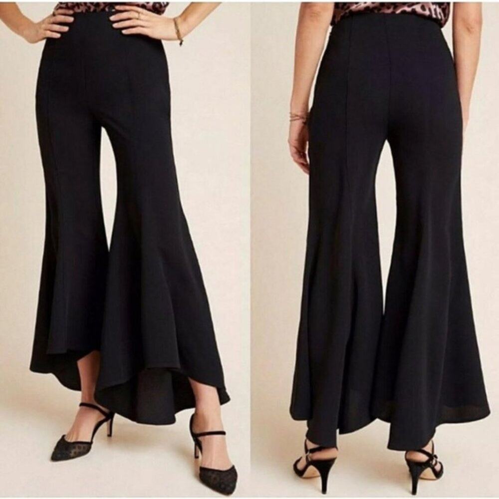 NEW Anthropologie Zinnia Trouser Asymmetrical Tulip Flare Black Trouser Size 8
